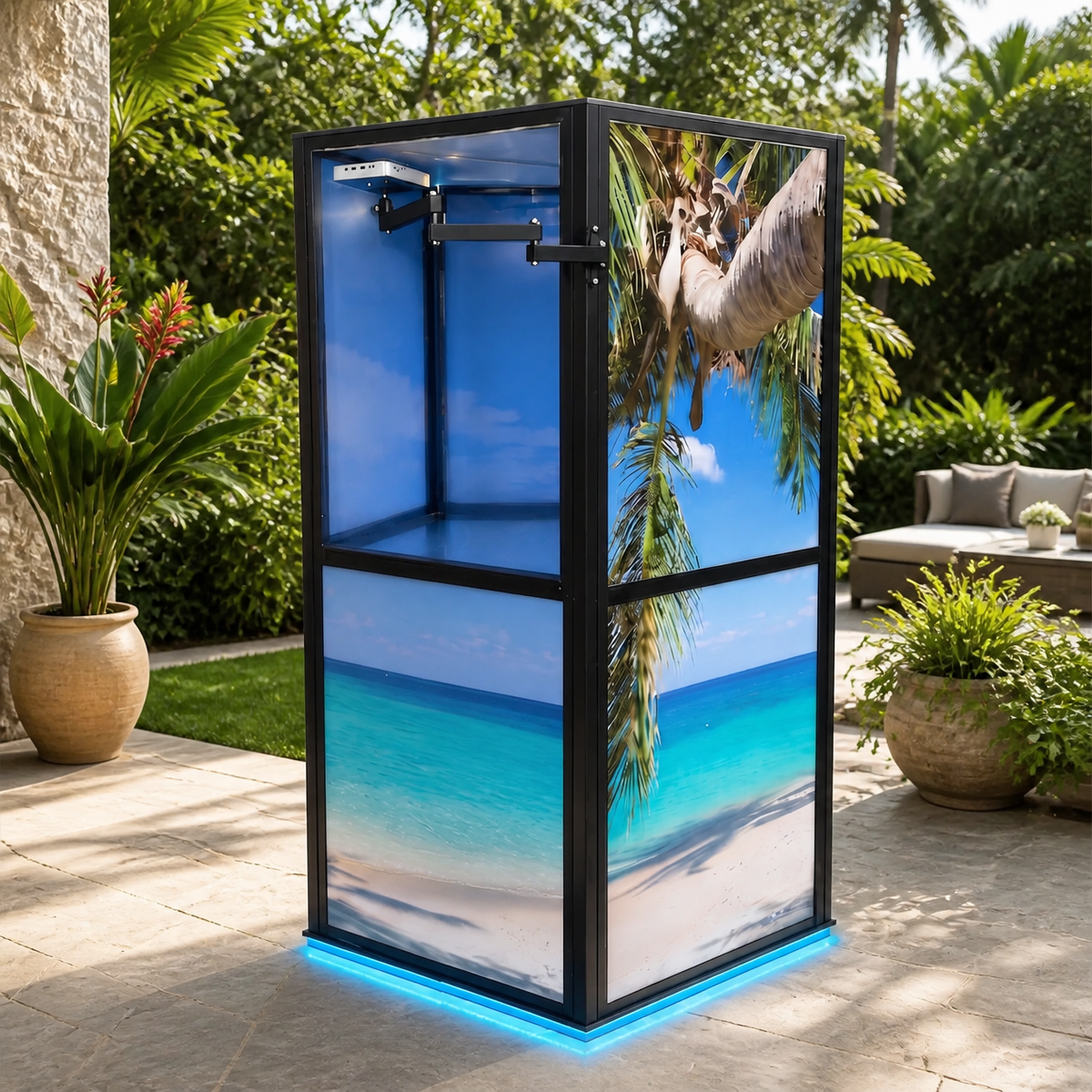 Steamworld Spa 2.0 home steam room with beach scene panels on an outdoor patio